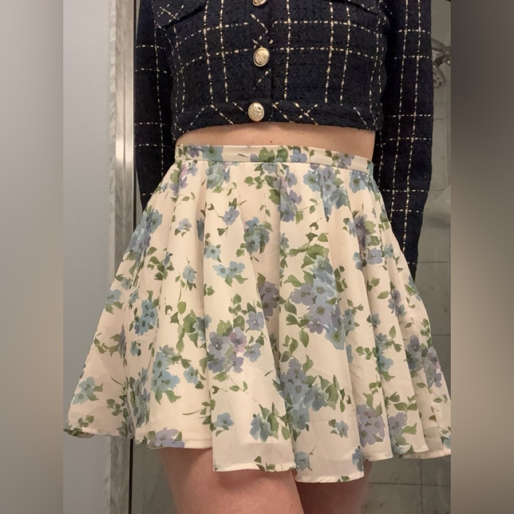 Floral A-Line Skirt - Cream and Blue (Fully Lined)
